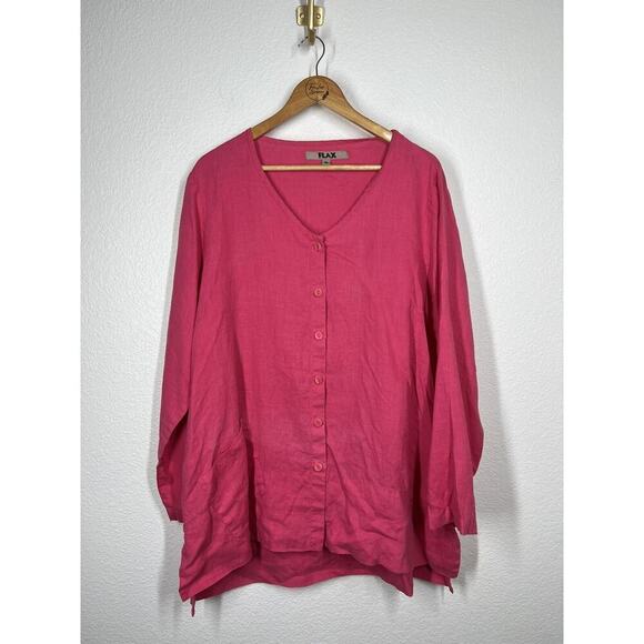 Flax Linen Button Front Tunic Top Medium Bright Pink Oversized Lagenlook - Picture 1 of 5